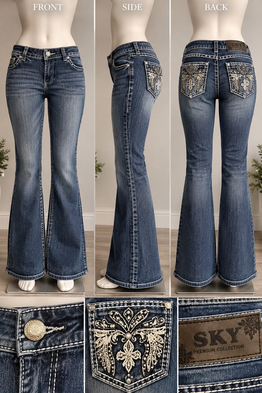 Sky Embellished Dark Blue Flare Jeans